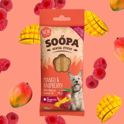 SOOPA Dentálne tyčinky s mangom a malinou 100g